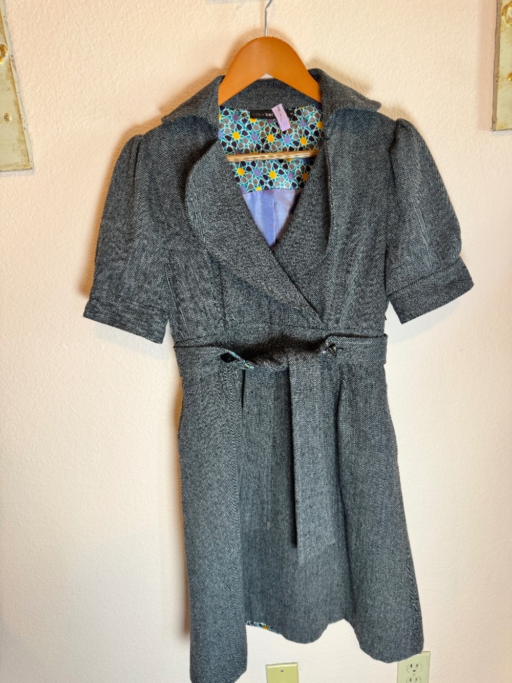 Retro Dark Academia Hazel herringbone tweed lined coat dress Medium